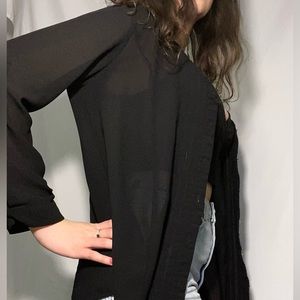 Black sheer pleated cover up button up blouse